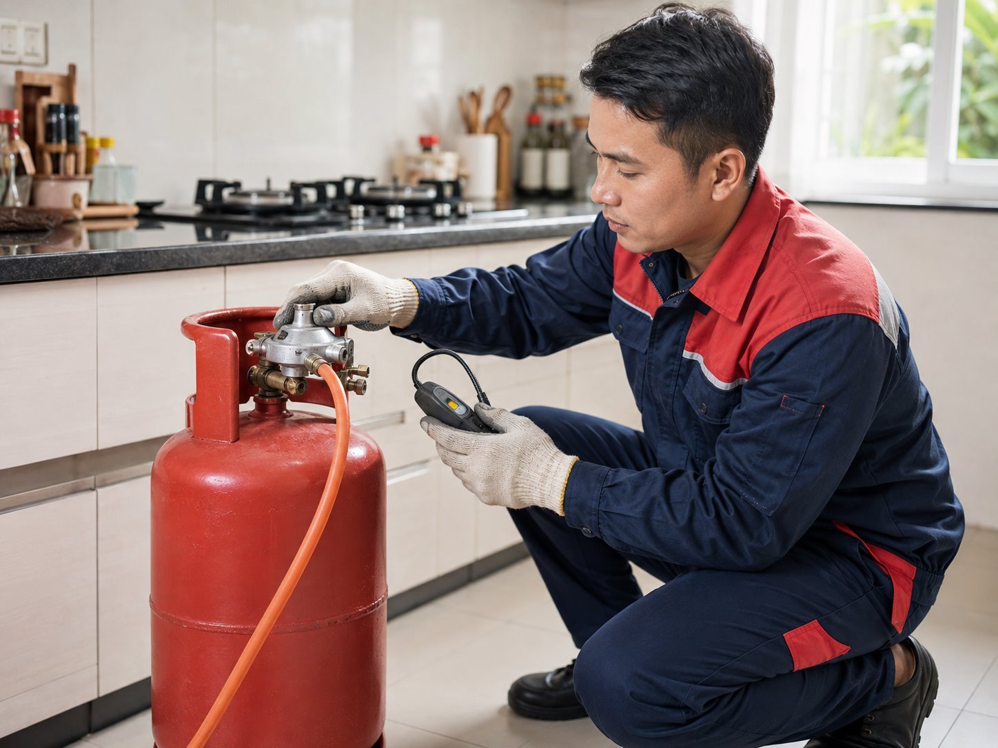 Kỹ thuật viên GAS PHONG ĐẠT kiểm tra van và dây dẫn gas an toàn tại nhà